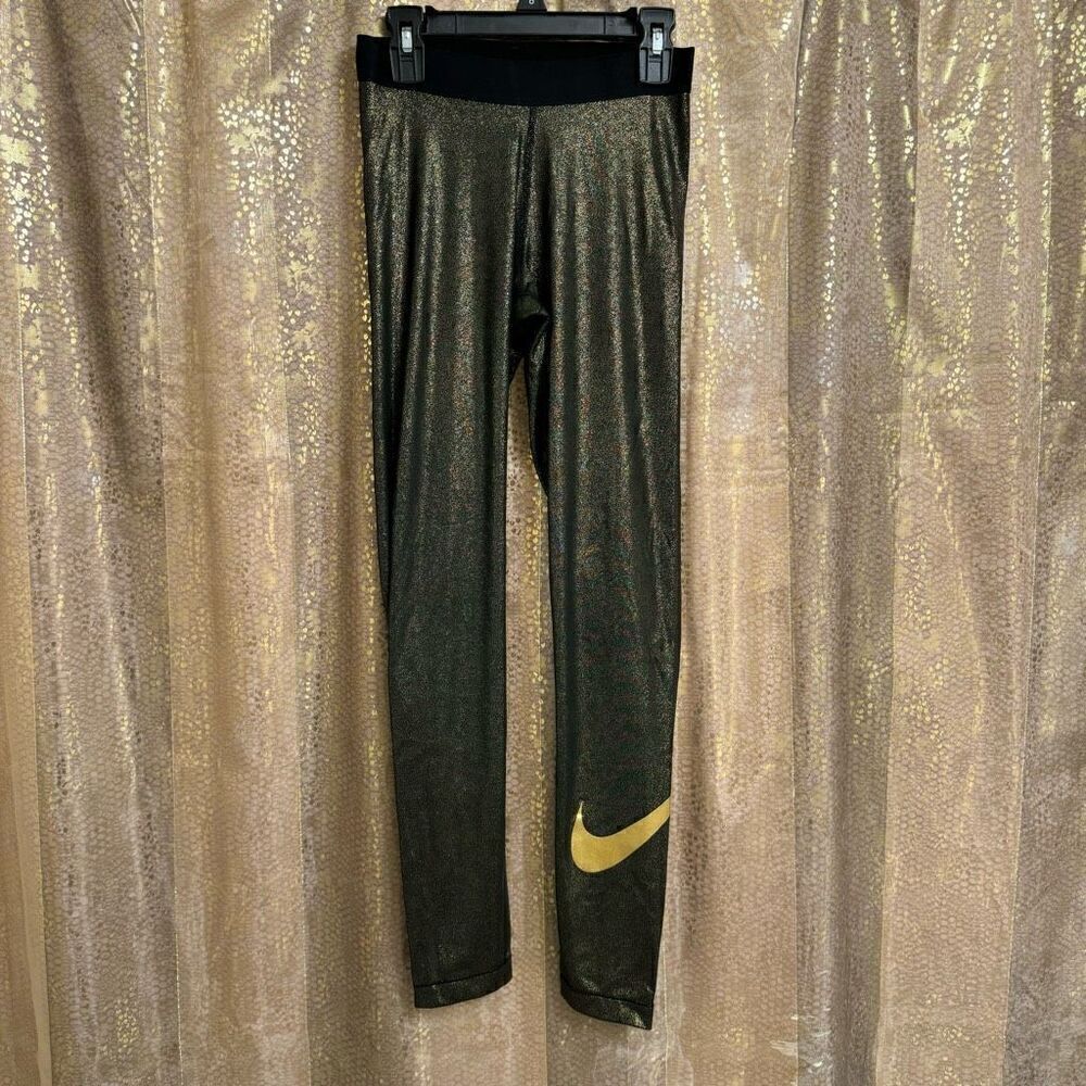 Nike Dri Fit Pro Cool Gold Black Sparkle Training Tights Leggings Small